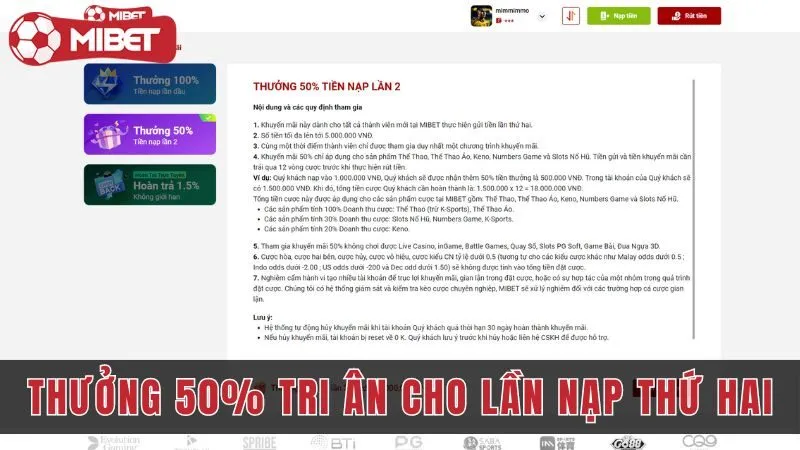 khuyen mai ngay 50 tri an cho lan nap thu hai mibet