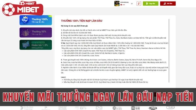 khuyen mai ngay lan dau nap tien mibet